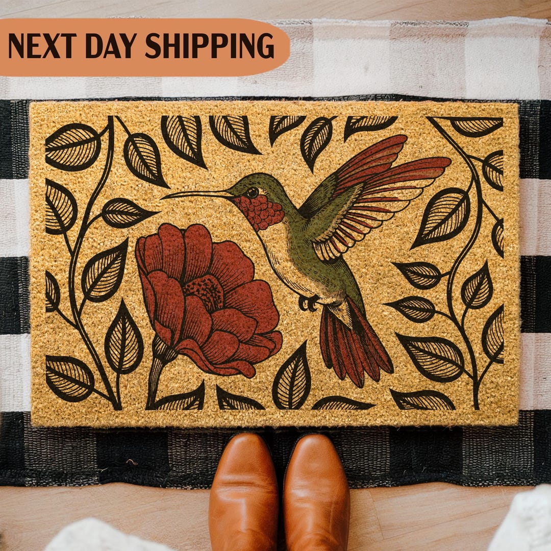 Hummingbird Welcome Mat Botanical Hummingbird Doormat, Cottagecore Door Mat, Poppy Flower Decor ...