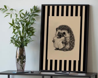 Hedgehog with Toilet Paper Wall Art, Cute Animal Framed Print, Bathroom Wall Decor