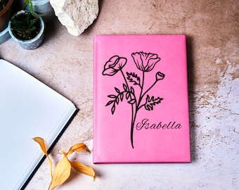 Birth Flower Engraved Journal, Personalized Sketchbook, Custom Leather Journal, Gift For Her, Artist Gifts, Birthday Gift,  Flower Design