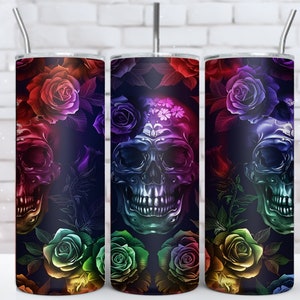 skull and rose 20oz Sublimation Tumbler Designs, Rainbow &quot;9.2 x 8.3” Straight Skinny Tumbler Wrap PNG, Instant Digital Download