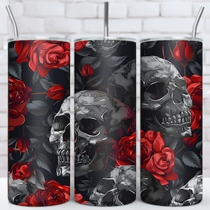 skull and rose 20oz Sublimation Tumbler Designs, &quot;Black and red 9.2 x 8.3” Straight Skinny Tumbler Wrap PNG, Instant Digital Download