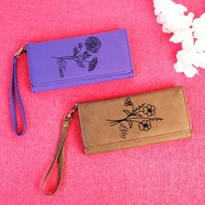 Birth Flower Engraved Women's Wallet, Women's Purse, Leather Wallet for Women, Gift For Her, Birthday Gift, Custom Floral Design Wallet