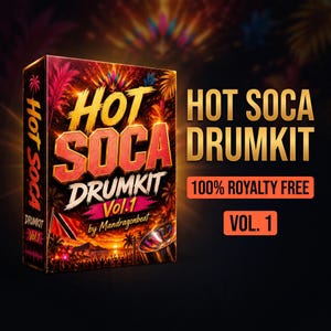 May include: A rectangular box for the Hot Soca Drumkit Vol. 1 by Mandragonbeat. The cover features a vibrant sunset scene with palm trees, a crowd, a steel pan, and a Trinidad and Tobago flag. Text includes Hot Soca Drumkit Vol. 1 and 100% Royalty Free.