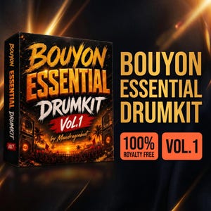 Peut inclure: Une boîte rectangulaire pour le Bouyon Essential Drumkit Vol. 1 par Mandragonbeat, avec un design noir et orange représentant un concert sur une plage au coucher du soleil, du texte doré et deux étiquettes orange 100% Royalty Free et Vol. 1.