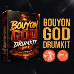 May include: A rectangular box for the Bouyon God Drumkit Vol. 1 by Mandragonbeat, featuring a sunset tropical landscape with palm trees. The text reads Bouyon God Drumkit Vol. 1, 100% Royalty Free, and Vol. 1 in orange and white lettering.