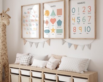 Educational Wall Art Print Set of 3, Educational Posters, Classroom Posters, Alphabet Poster, Shapes Print, Numbers Printable, Kids Wall Art