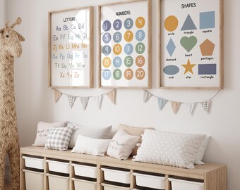 Educational Wall Art Print Set of 3, Educational Posters, Blue Classroom Posters, Alphabet Poster, Shapes Print, Numbers Printable