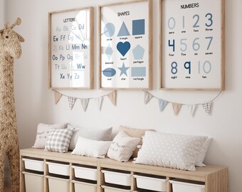 Educational Wall Art Print Set of 3, Educational Posters, Classroom Posters, Alphabet Poster, Shapes Print, Numbers Printable, Kids Wall Art