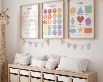 Educational Wall Art Print Set of 3, Educational Posters, Classroom Posters, Alphabet Poster, Shapes Print, Numbers Printable, Kids Wall Art