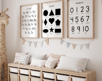 Educational Wall Art Print Set of 3, Educational Posters, Classroom Posters, Alphabet Poster, Shapes Print, Numbers Printable, Kids Wall Art