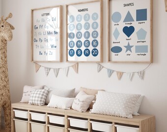 Educational Wall Art Print Set of 3, Educational Posters, Classroom Posters, Alphabet Poster, Shapes Print, Numbers Printable, Kids Wall Art