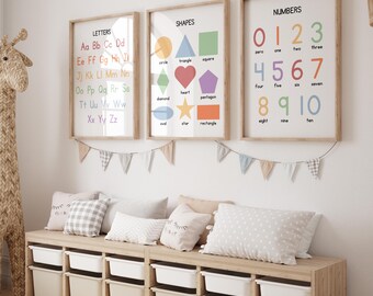 Educational Wall Art Print Set of 3, Educational Posters, Classroom Posters, Alphabet Poster, Shapes Print, Numbers Printable, Kids Wall Art