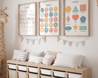 Educational Wall Art Print Set of 3, Educational Posters, Classroom Posters, Alphabet Poster, Shapes Print, Numbers Printable, Kids Wall Art