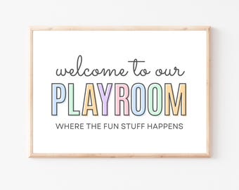Letrero de bienvenida a nuestra sala de juegos, impresiones para salas de juegos, decoración para salas de juegos, arte mural para salas de juegos, arte mural para niños, arte mural en colores pastel para niños