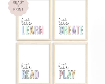 Let's Read, Let's Play, Let's Learn, Let's Create, Pastel Playroom Print Set of 4, Playroom Wall Art, Let's Read Sign, Reading Corner Kids