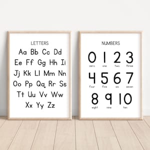 Set of 2 Educational Posters, Alphabet Poster, Letters Poster, Numbers Poster, ABC Wall Art, Educational Wall Art Prints, Classroom Posters