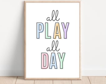 Impresión "Juega todo el día", impresiones para salas de juegos, decoración para salas de juegos, arte mural para salas de juegos, arte mural para niños, arte mural en colores pastel para niños