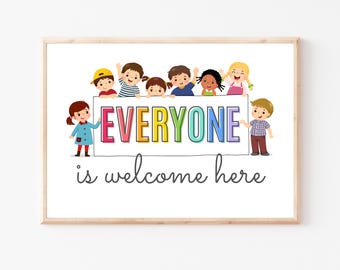 Iedereen is welkom hier klasposter, poster inclusie, poster diversiteit, kindermuurdecoratie, klasdecor, kinderkamerkunst aan de muur