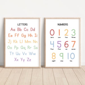 Set of 2 Educational Posters, Alphabet Poster, Letters Poster, Numbers Poster, ABC Wall Art, Educational Wall Art Prints, Classroom Posters