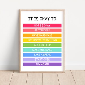 Pode incluir: Uma impressão emoldurada com o texto "IT IS OKAY TO" no topo, seguida por uma lista de afirmações em barras horizontais coloridas. As afirmações incluem "NOT BE OKAY", "BE YOURSELF" e "TRY AGAIN". A moldura é de cor castanho claro.