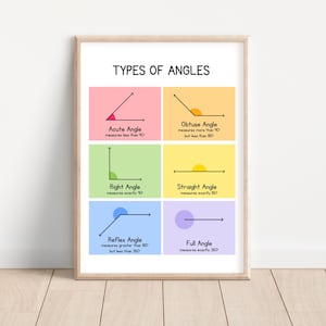 May include: A framed educational poster titled "TYPES OF ANGLES" with examples of acute, obtuse, right, straight, reflex, and full angles. Each angle is illustrated with a diagram and a measurement description. The poster is in a wooden frame.