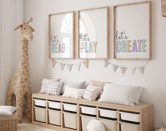 Let's Read, Let's Play, Let's Create, Pastel Playroom Print Set of 3, Playroom Wall Art, Let's Read Sign, Playroom Wall Decor, Kids Room Art