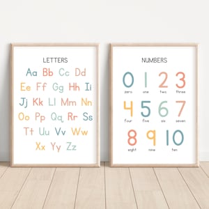 Set of 2 Educational Posters, Alphabet Poster, Letters Poster, Numbers Poster, ABC Wall Art, Educational Wall Art Prints, Classroom Posters
