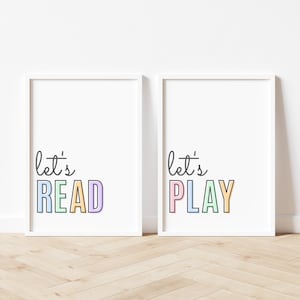 Let&#39;s Read Let&#39;s Play Print Set of 2, Playroom Wall Decor, Let&#39;s Read Sign, Let&#39;s Play Sign, Pastel Classroom Decor, Playroom Ideas