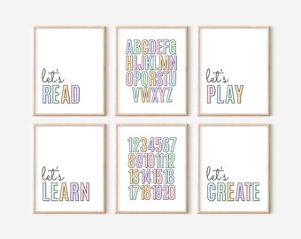 Juego de 6 láminas para sala de juegos: "Leamos, juguemos, aprendamos, creemos", póster del alfabeto, arte mural para sala de juegos, pósteres educativos