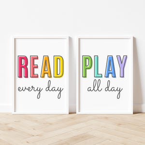 Read Every Day, Play All Day Print Set of 2, Playroom Wall Decor, Let&#39;s Read Sign, Let&#39;s Play Sign, Playroom Prints, Playroom Ideas