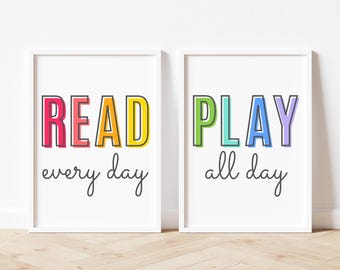 Read Every Day, Play All Day Print Set of 2, Playroom Wall Decor, Let's Read Sign, Let's Play Sign, Playroom Prints, Playroom Ideas