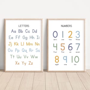 Set of 2 Educational Posters, Alphabet Poster, Letters Poster, Numbers Poster, ABC Wall Art, Educational Wall Art Prints, Classroom Posters