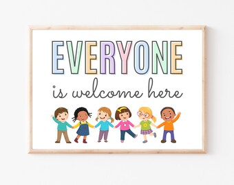Iedereen is welkom hier klasposter, poster inclusie, poster diversiteit, kindermuurdecoratie, klasdecor, kinderkamerkunst aan de muur