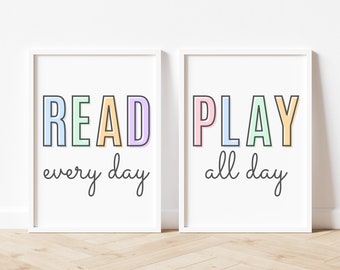 Read Every Day, Play All Day Print Set of 2, Playroom Wall Decor, Let's Read Sign, Let's Play Sign, Pastel Classroom Decor, Playroom Ideas