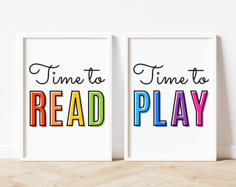 Set of 2 Playroom Prints, Time To Read, Time To Play, Reading Corner Wall Art, Let's Read Sign, Let's Play Sign, Rainbow Classroom Decor