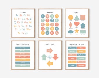 May include: Six colorful printable posters for kids featuring educational content. The posters include the alphabet, numbers 1-20, shapes, days of the week, directions, and months of the year.