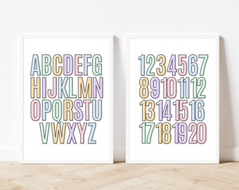 Set mit 2 Lerndrucken, Alphabet Poster, Alphabet Druck, druckbare Zahlen, ABC Wandkunst, Spielzimmer Wandkunst, Lernposter