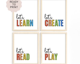 Let's Read, Let's Play, Let's Learn, Let's Create, Playroom Print Set of 4, Playroom Wall Art, Let's Read Sign, Reading Corner Kids