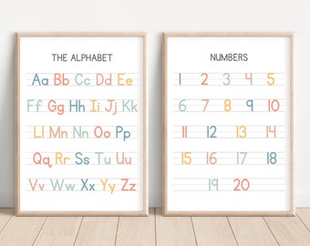 Alphabet Poster, Set of 2 Educational Posters, Handwriting Chart Print, Numbers Poster, Numbers Chart, Educational Wall Art Prints