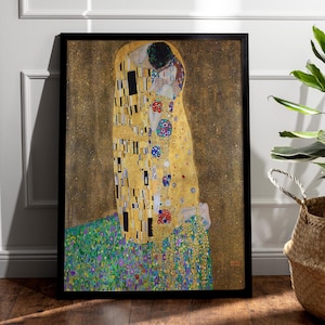 The Kiss Poster Frame, Gustav Klimt Inspired Wall Decor, Embracing Couple Art, Romantic Love Poster, The Kiss Modern Portrait, Gift for Her