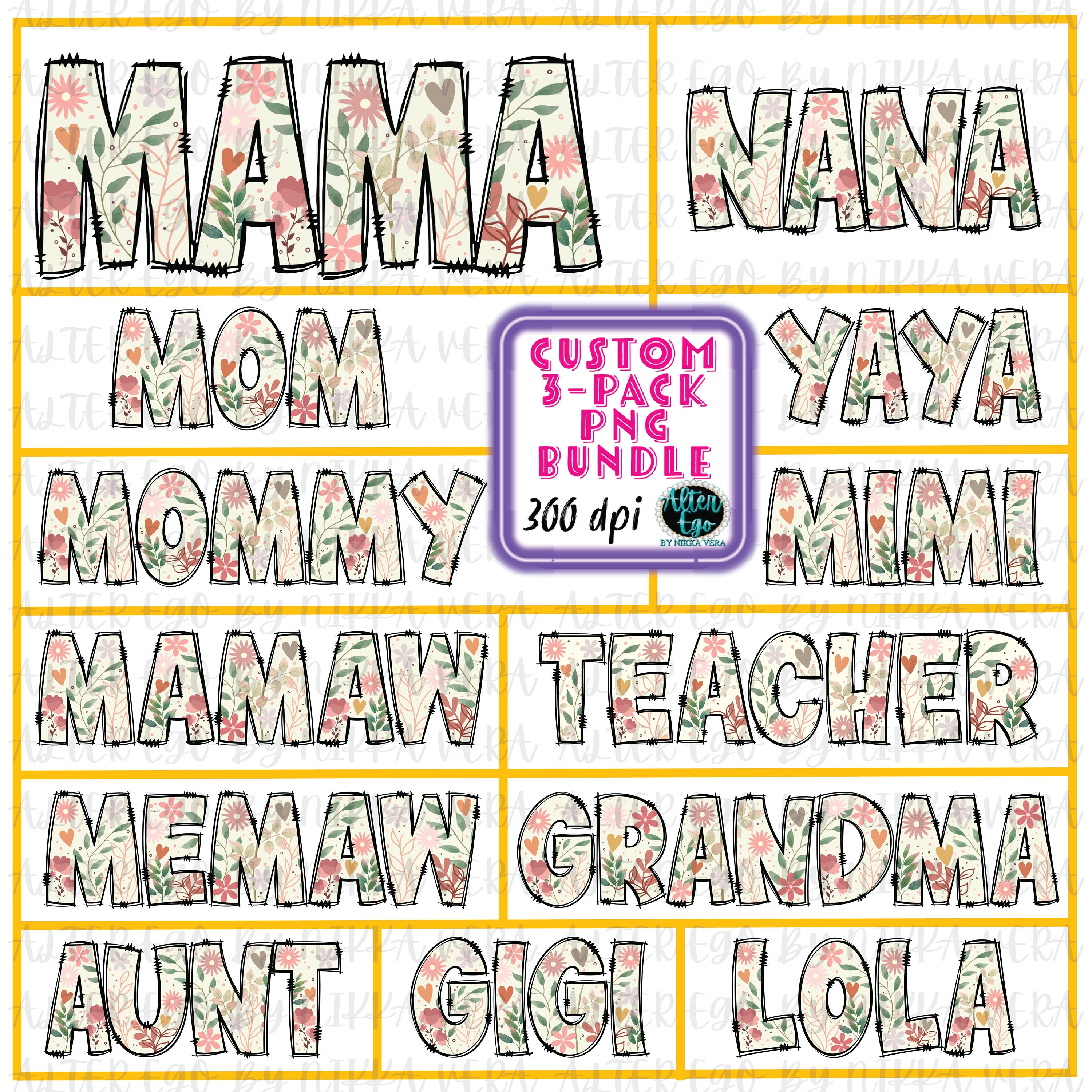 Boho Floral Custom Name PNG Bundle: Retro Sublimation (digital Download ...