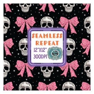 May include: A seamless repeat pattern featuring silver skulls and pink leopard print bows on a black background with white stars. The pattern is 12 inches by 12 inches and 300 DPI. The text "Seamless Repeat 12"X12" 300DPI" is in a purple box. The text "Alten Ego" is in a blue circle with a white border.
