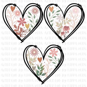 Puede incluir: Tres corazones con contorno negro sobre un fondo blanco y dise&ntilde;os florales en tonos rosa, marr&oacute;n y verde.