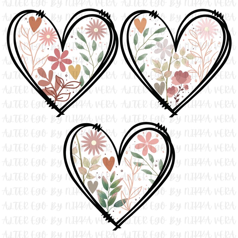 Puede incluir: Tres corazones con contorno negro sobre un fondo blanco y dise&ntilde;os florales en tonos rosa, marr&oacute;n y verde.