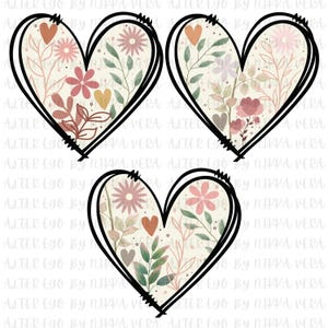 Puede incluir: Tres corazones con contorno negro sobre un fondo crema y un patr&oacute;n floral en tonos rosa, verde y marr&oacute;n.
