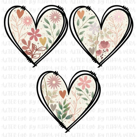 Boho Floral Hearts PNG: Retro Flower Graphics (Digital Download)