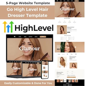 May include: A website template for hairdressers, featuring a woman with long hair and the word "Glamour" in a pink and white color scheme. The template is customizable and includes a service menu, pricing packages, and a contact form.