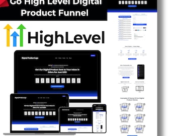 Könnte beinhalten: Werbung für einen digitalen Produkt-Funnel mit dem Text "Go High Level Digital Product Funnel" und "HighLevel". Das Bild zeigt einen Laptop, ein Tablet und ein Telefon, die eine Website anzeigen. Der Text "Get Our Digital Product Sent to Your Inbox in 24hrs For Just $20!" ist ebenfalls sichtbar.
