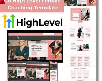 Könnte beinhalten: Eine Website-Vorlage für weibliche Coaches und Pädagogen. Die Vorlage verfügt über ein rosa-weißes Farbschema mit einem modernen Design. Der Text auf der Website lautet "Go High Level Female Coaching Template" und "Ich bin ein Coach & Pädagoge für Ihre digitale Präsenz".