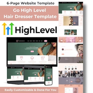 Puede incluir: Una plantilla de sitio web para peluqueros, con un esquema de color verde y rosa, imágenes de herramientas de peinado y una mujer que se arregla el cabello. El texto "High Level" se muestra en una fuente grande en la parte superior de la imagen. El texto "Lorem IPSUM CENTER" se muestra en la maqueta del sitio web.